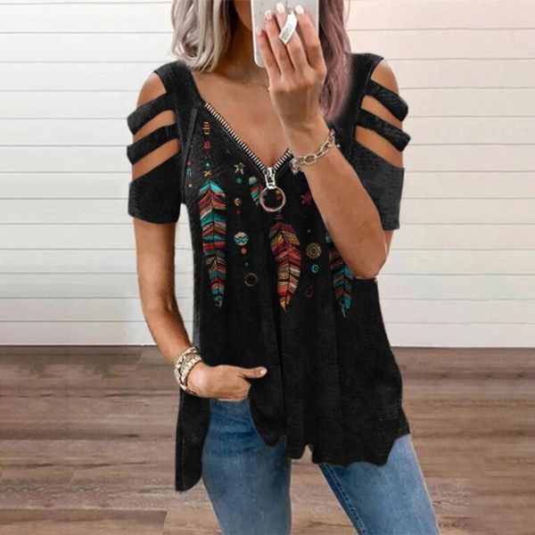 Summer New  T-shirt Women's Printed V-neck Zipper Strapless Short-sleeved T-shirt Plus Size Casual Loose T-shirt