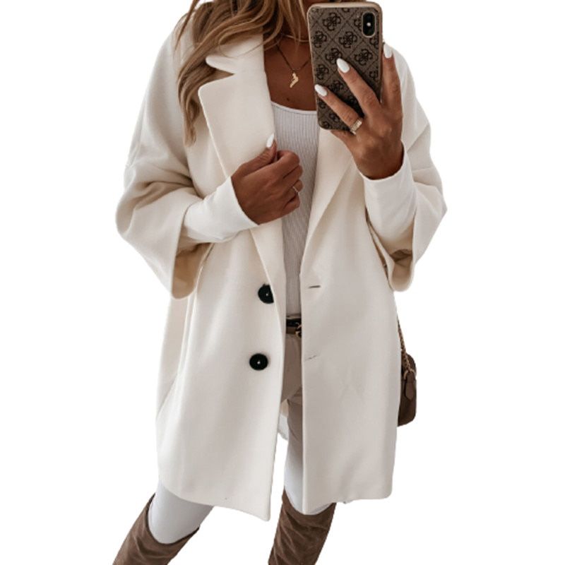 Autumn Three-Quarter Sleeve Two Buttons Lapel Pocket Woolen Coat Women's Med-Length White Black Winter Plush Warm Overcoat