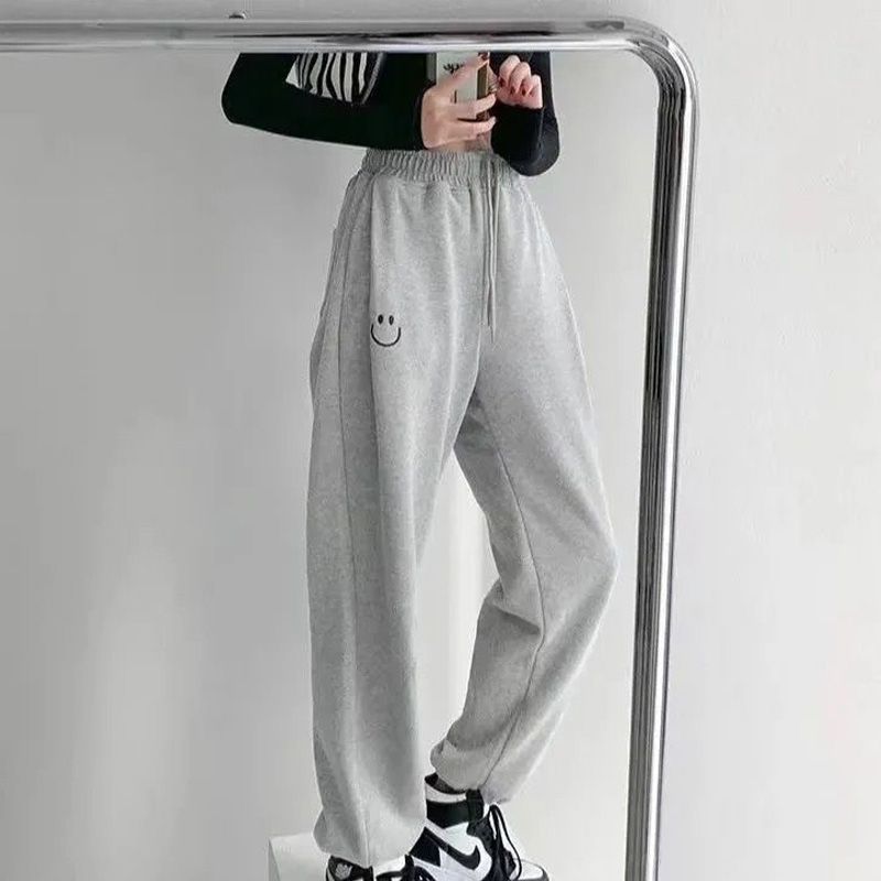 Smiley Embroidery Sweatpants Women Summer Fashion Joggers Women Black High Waist Loose Casual All-match Clothes