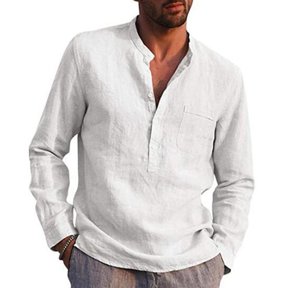 Vintage Solid Color Shirts for Men Casual Long Sleeve Stand Collar Blouse  Shirt Male Streetwear 2021 Plus Size