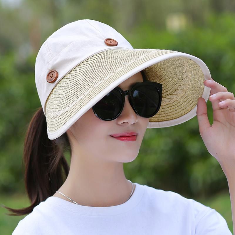 COHats Women Wide Large Brim Floppy Summer Beach Sun Hat Straw Hat Button Cap Summer Hats For Women Anti-uv Visor Cap Female