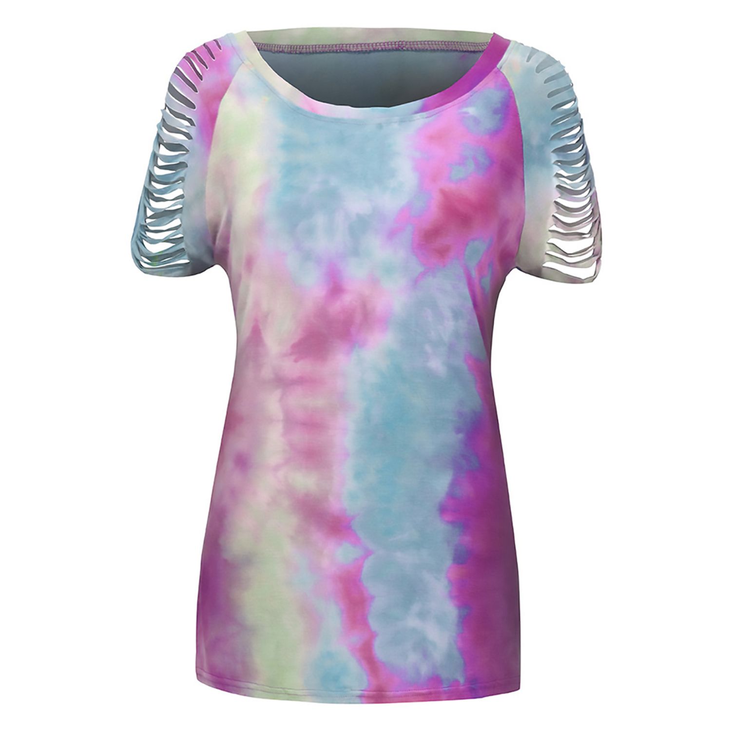 Women's Tie-Dye Printed T-shirt Short Sleeve Round Neck Cutout Off-Shoulder Design Top