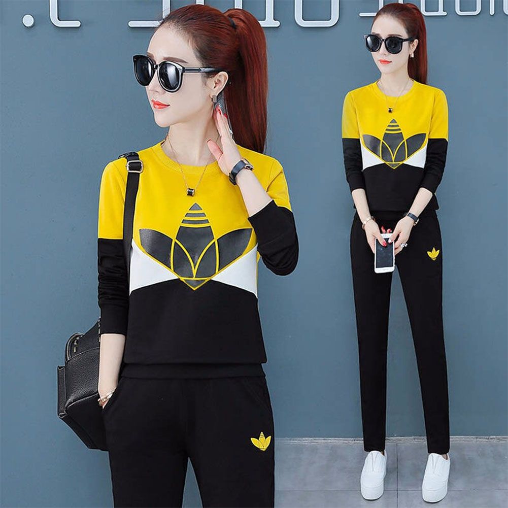 Yfashion 2 Pcs/set Women  Sweater  Suit Long-sleeved Printed Shirt + Solid Color Pants Sports Casual Suit color