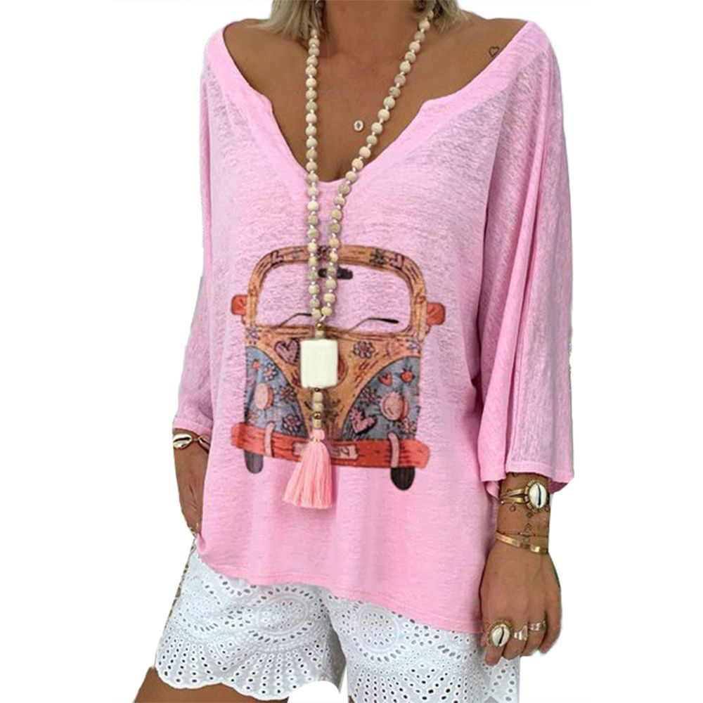 Women Cartoon Long Sleeve Deep V Neck Blouse Shirt T-shirt