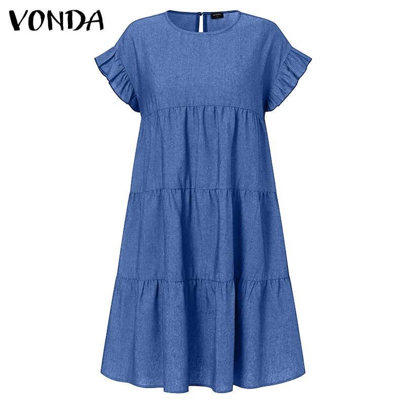 Women Denim Dress Summer Sundress 2021 VONDA Casual Short Sleeve Ruffled Dresses Summer Bohemian Party Vestidos