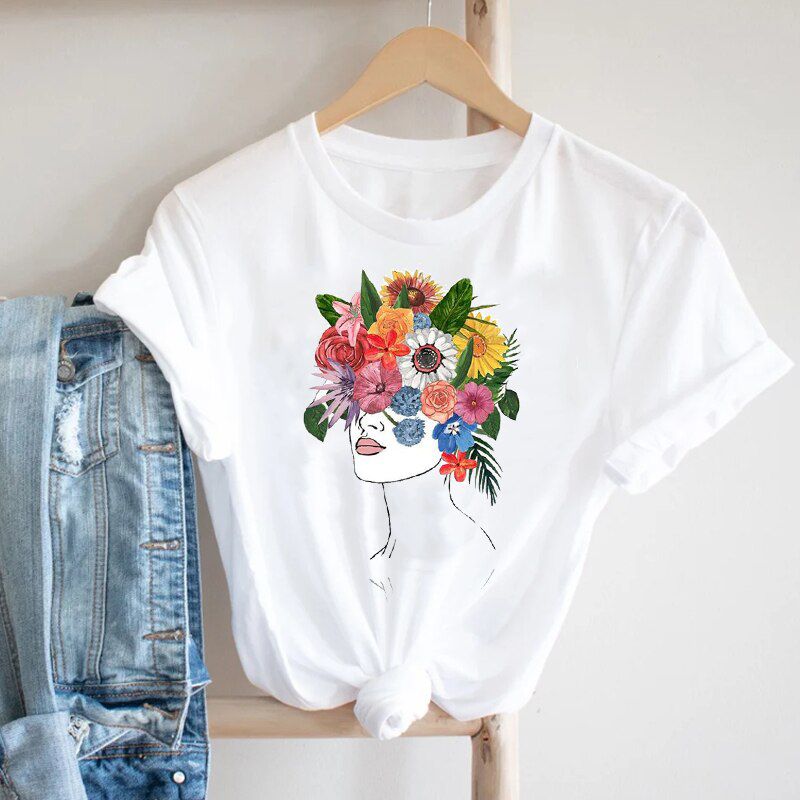 Women Short Sleeve Printing Watercolor Cute Floral Ladies Flower 90s Fashion Clothes Print Tshirt Female Tee Top Graphic T-shirt