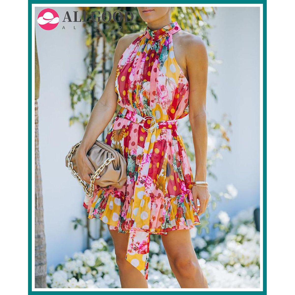 Chiffon Hanging Bo Digital Printed Lace Up Dress Sleeveless High Waist A-line Clubwear Dress Sexy Summer Dress Women