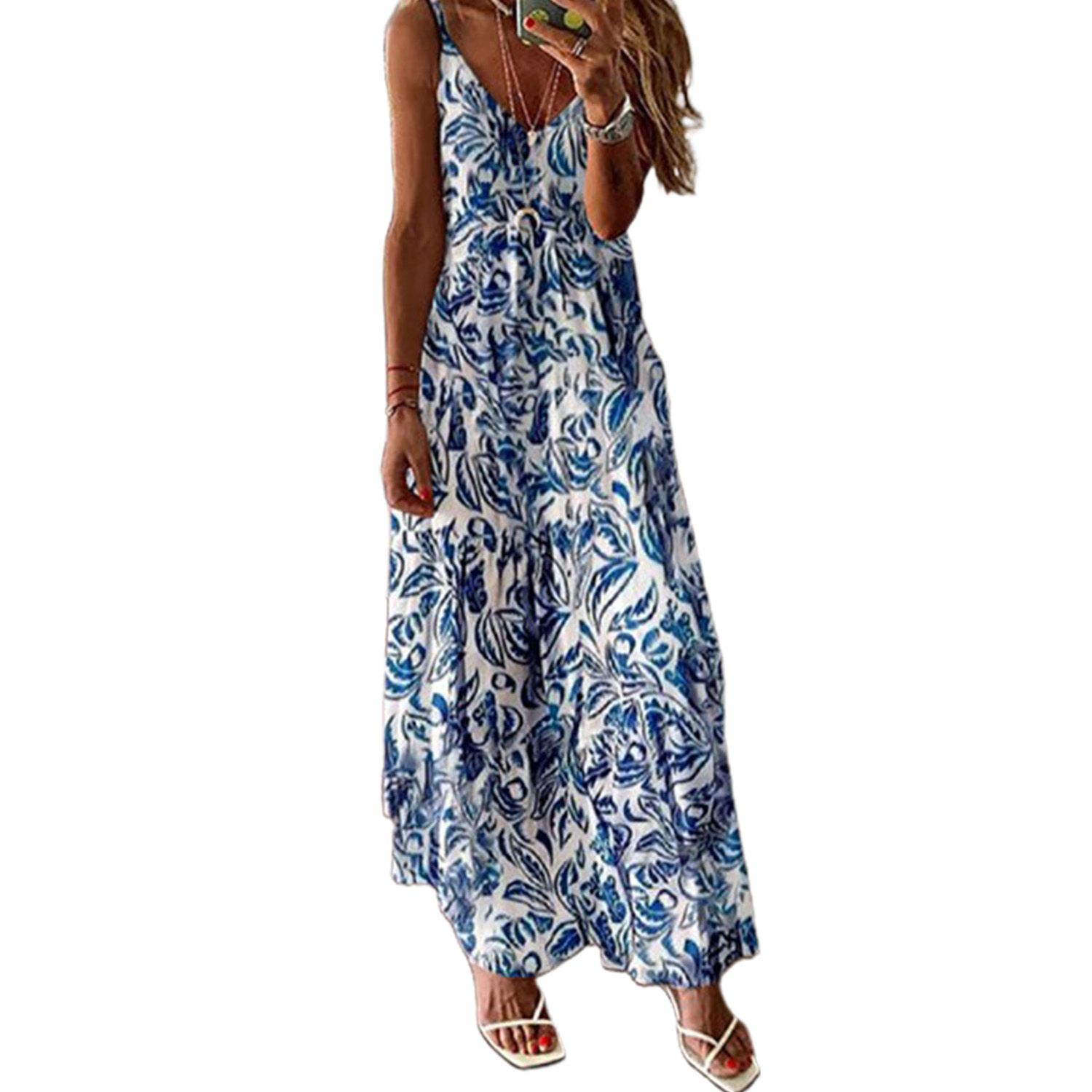 Slim Dress Positioning Print V Neck Women Sleeveless Spaghetti Strap Dress for Dating