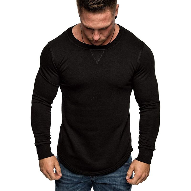 2021 Men Casual Solid Color Shirts, Fashion Round Neck Long Sleeve Undershirts Pullover Tops