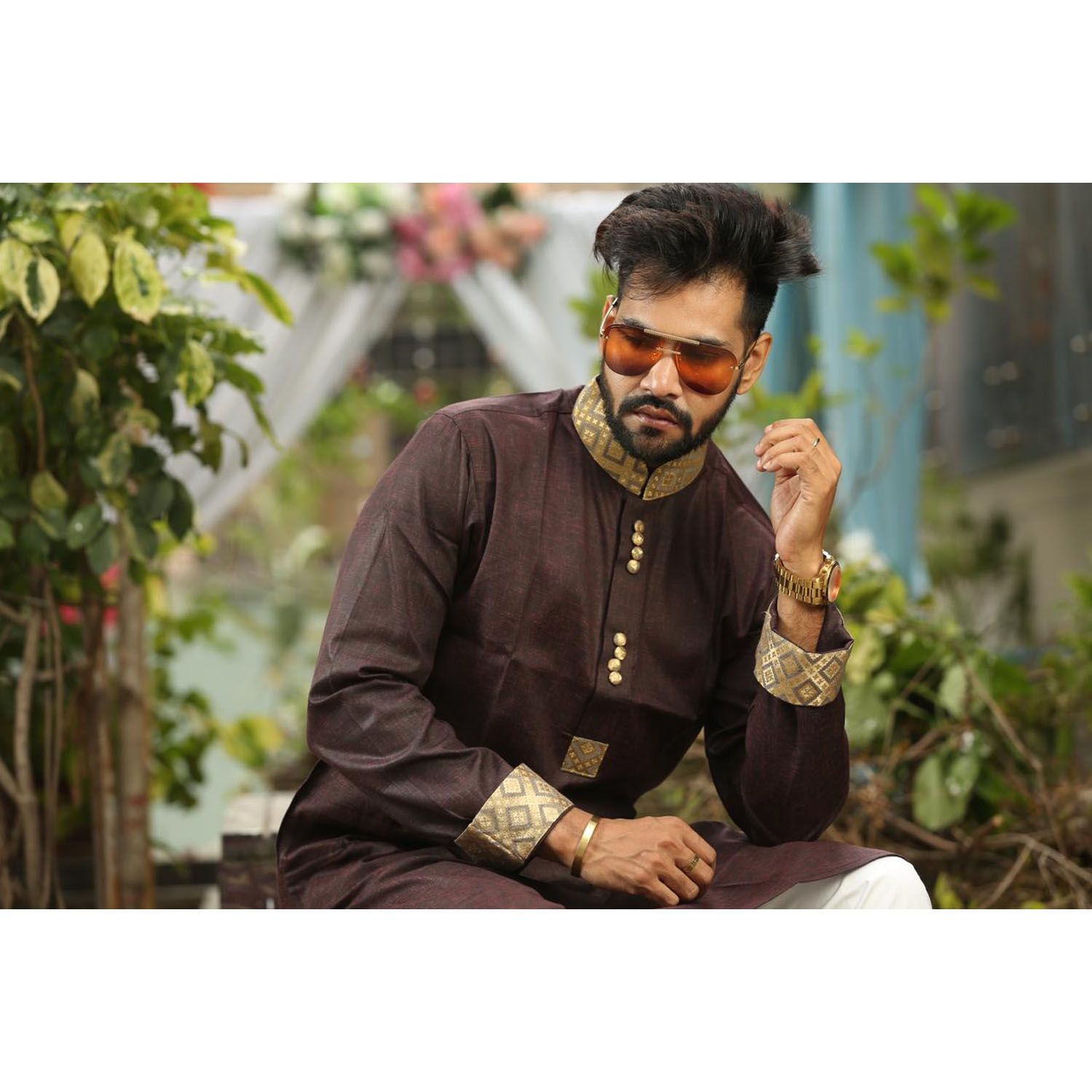 Coffe Color Cotton panjabi with border neck premium for men