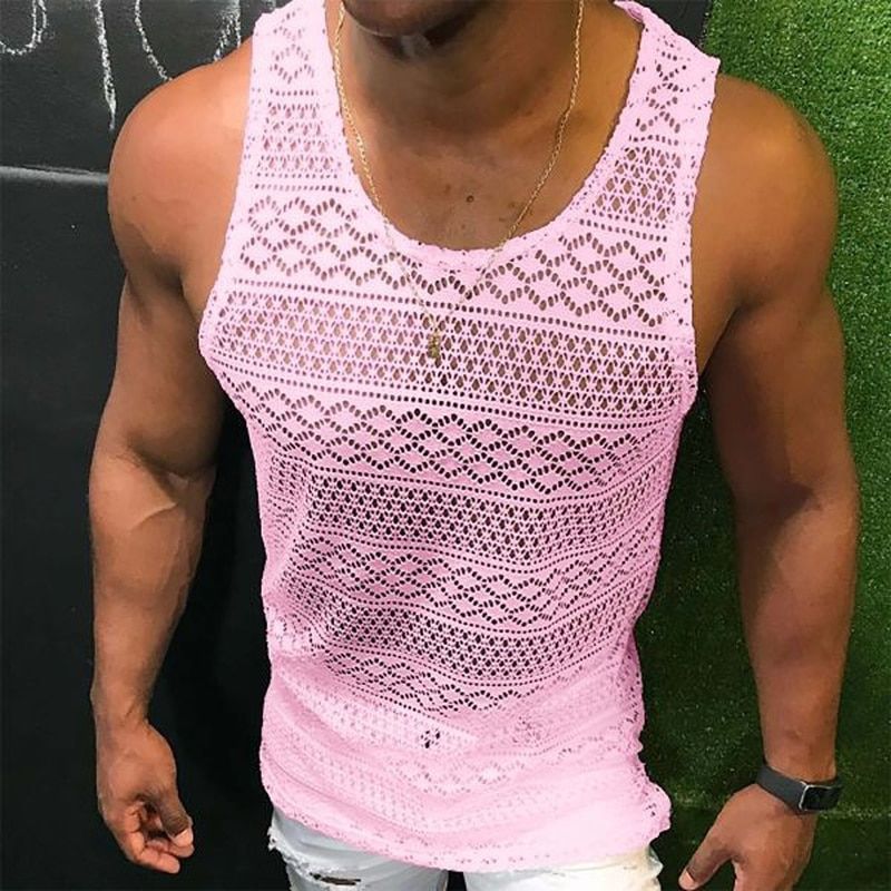 TaTop for Men Lace Hollow Out Sleeveless Shirts Summer Mens Clothing Slim Fit Gym Clothes Workout Solid Color Vest Tops 2022