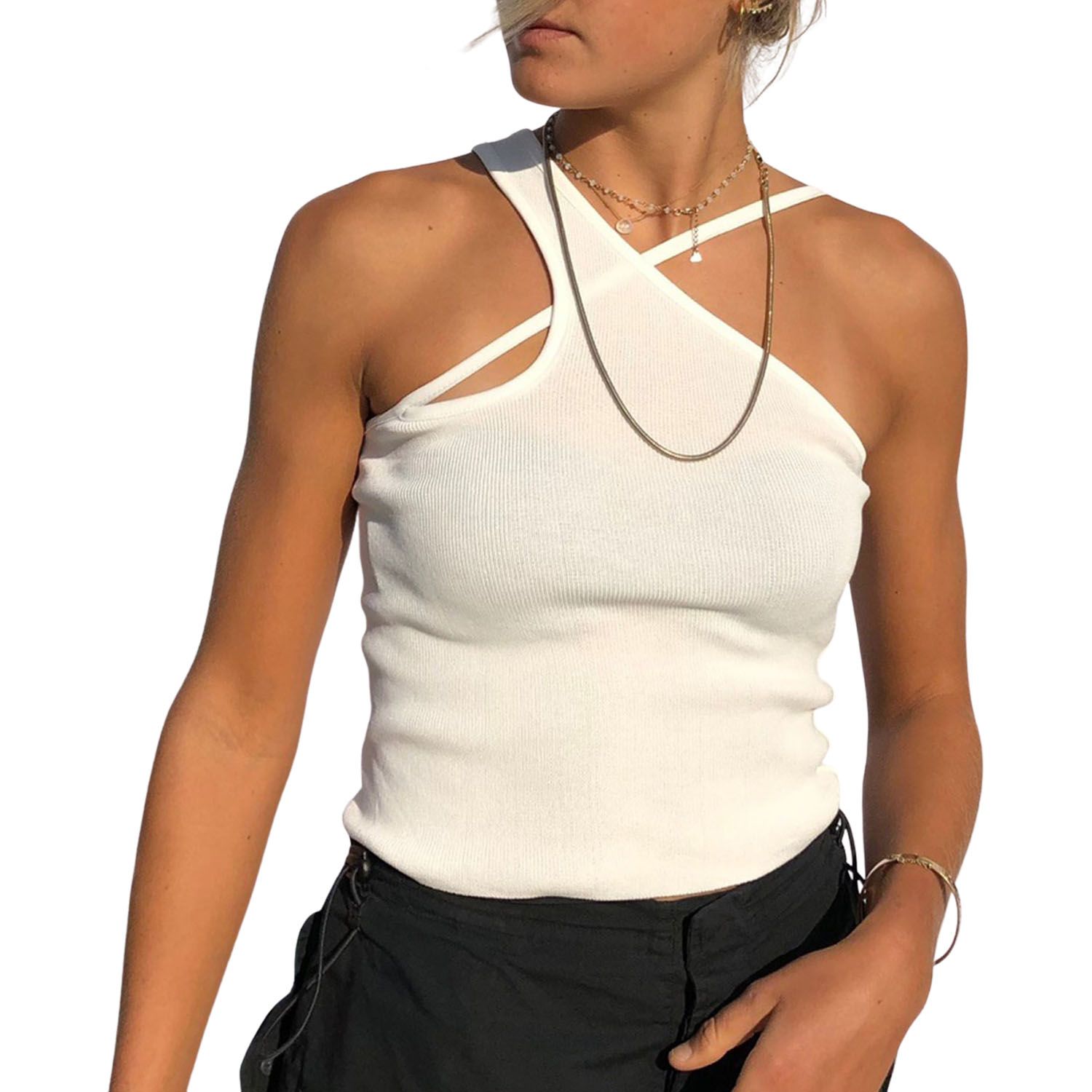 Women Solid Color Vest, Close-fitting Irregular Crossing Neckline Crop Tops, White/ Khaki