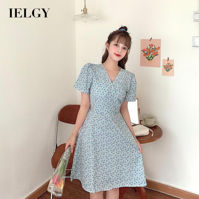 IELGY V-neck super fairy French dress small foreign bellflower Thin floral summer