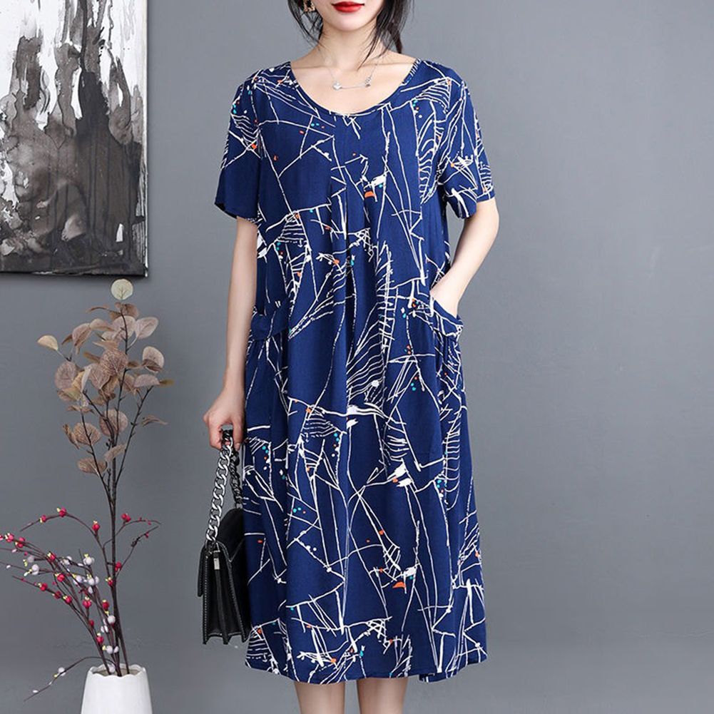 GC Women Dress Cotton Silk Floral Printing Round Neck Short-sleeved Large Size Loose Causal Beach Skirt