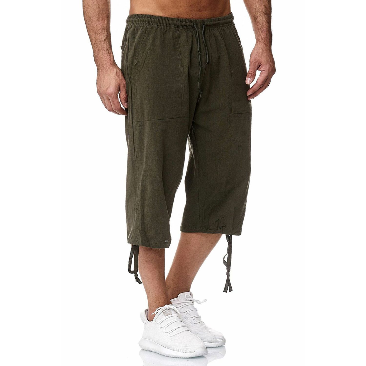 Men's Loose Breathable Harem Pants Cotton and Linen Sports Drawstring Cropped Casual Pants