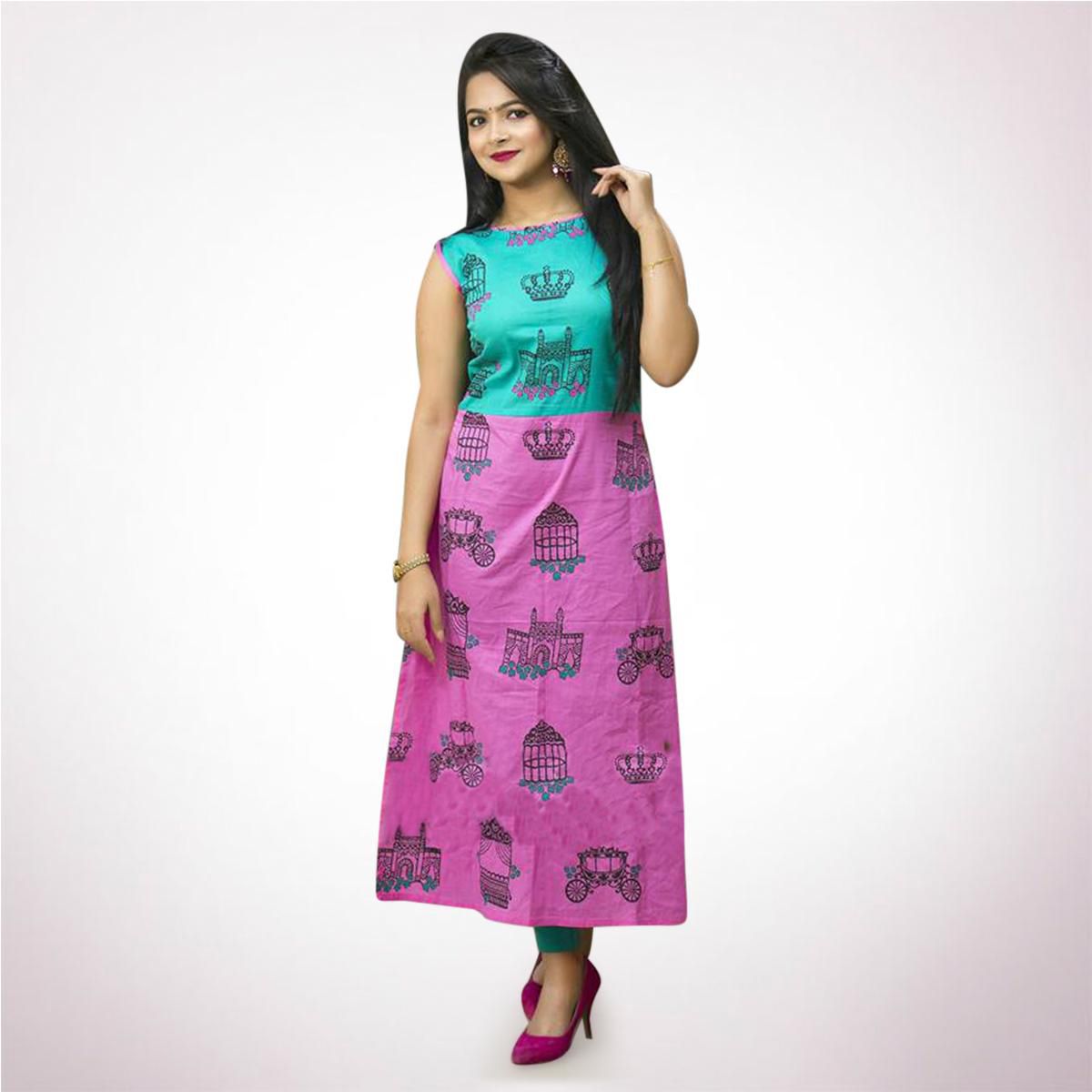 Exclusive Unstitched Pink and Turquoise Cotton Block Printed Salwar Kameez For Women