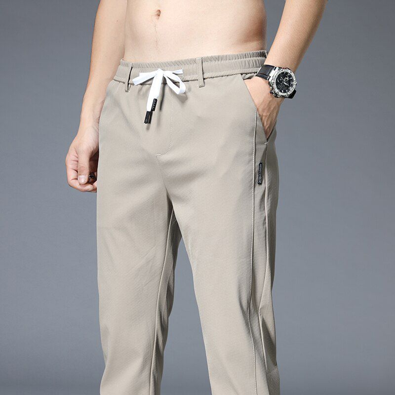 Men Pants Casual Mens Business Classics Elasticity Lace Waist Straight Full Length Fashion Black Khaki Breathing Trousers Male