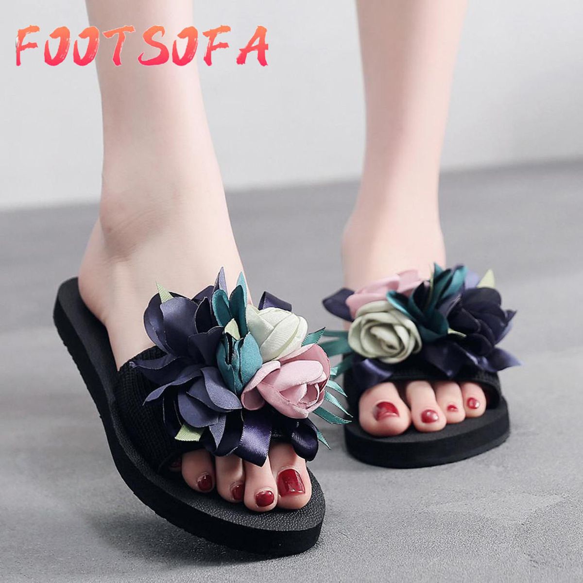 Women Bohemian Flower Flat Slippers Summer Sandals Non-slip Beach Shoes