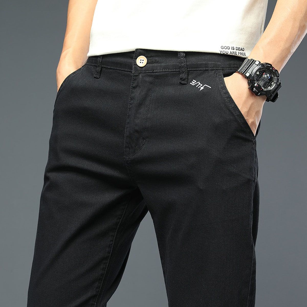 Autumn Classic Style Men's Stretch Slim Casual Pants Letter Embroidery Fashion Trousers Male Black Lake Blue Light Gray