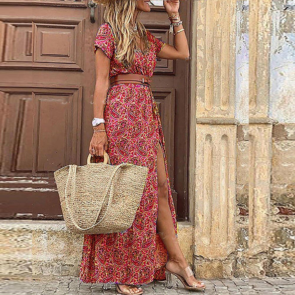 Women Boho V-neck Belted Dress Summer Sexy Paisley Printed Short Sleeve High Waist Dress Ladies Beach Floral Maxi Party Dress