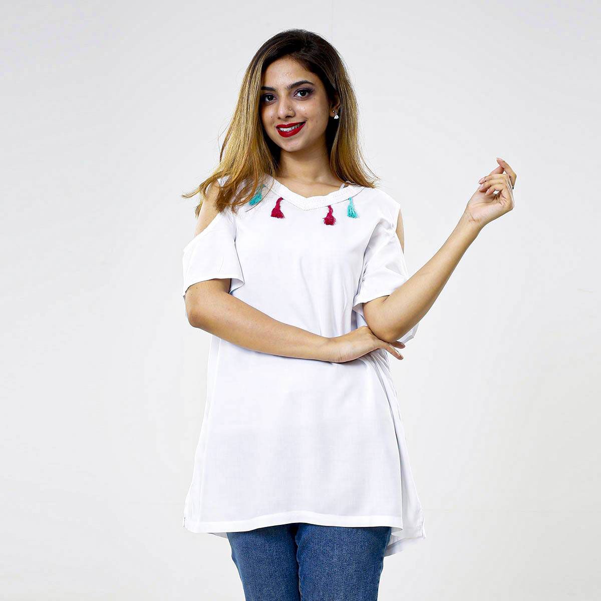 White Viscose Open Sleeve Ladies Short Top (PINK/W/AQUA/CT-2)