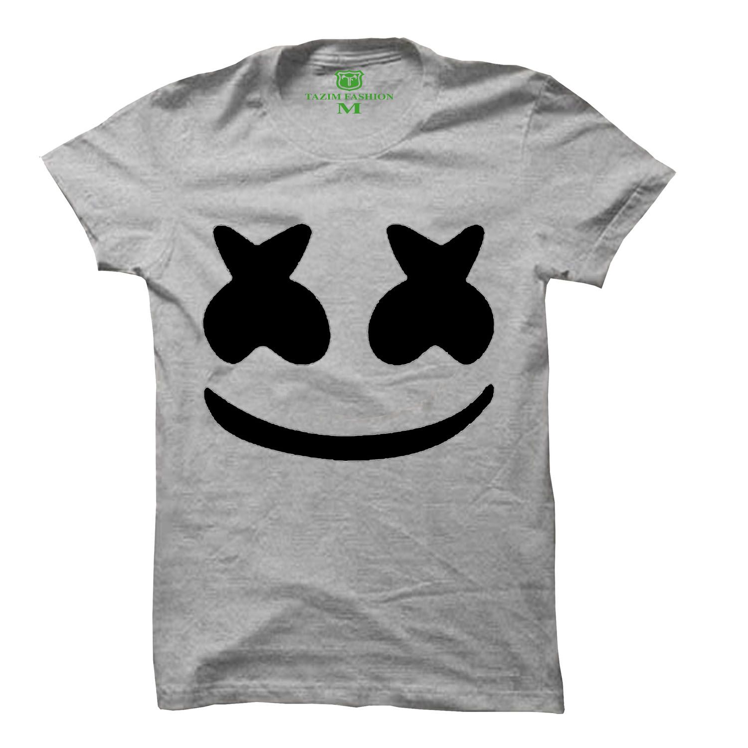 Grey Cotton Short Sleeve Marshmello T-Shirt for Men