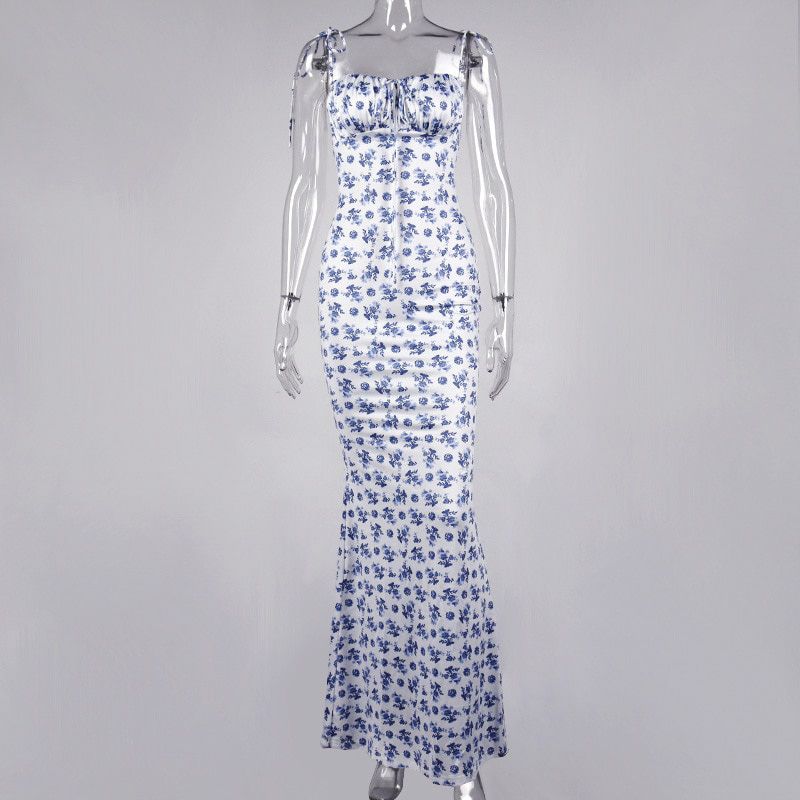 Floral Print Cottagecore Elegant Sleeveless Maxi Sundress Backless Women Party Club Tie Front Dress Holiday