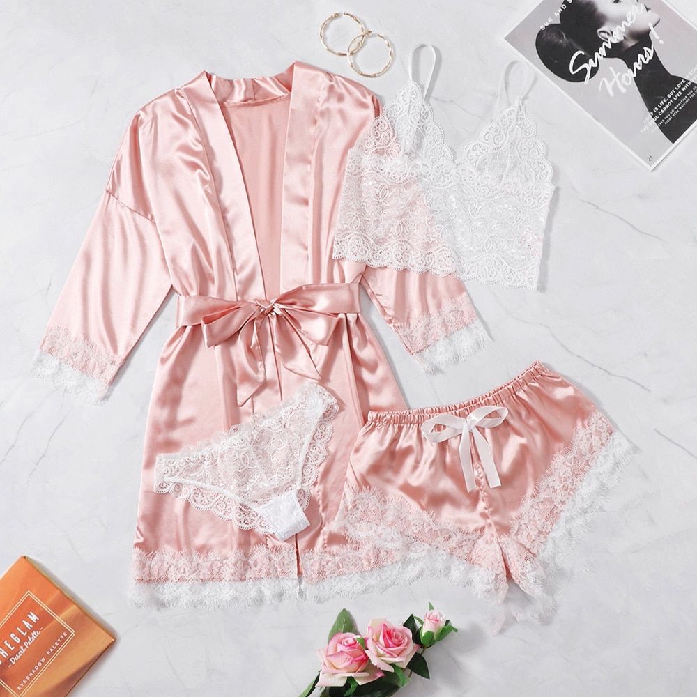 Woman Sleepwear 4pcs Floral Lace Trim Satin Pajamas Set with Robe y Faux Silk Pijamas Robe Sets Casual Home Clothes Nightwear