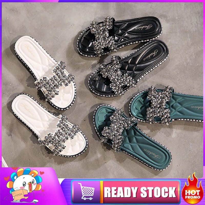 【FOOT SOFA】Women's slippers Outer wear fashion flat net red flip flops Bead leaf poster beach vacation sandals [high quality]