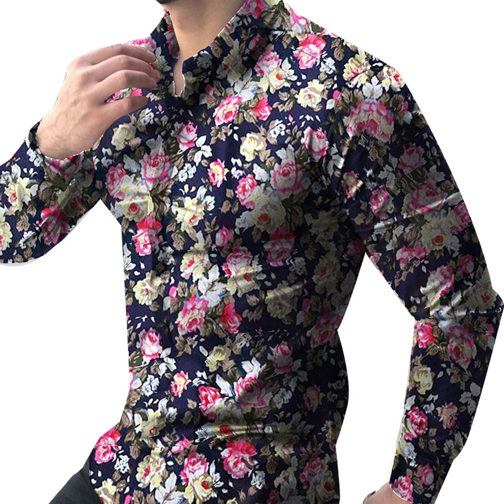 Casual Men Floral Print Slim Fit Long Sleeve Button Turn Down Collar Shirt Top