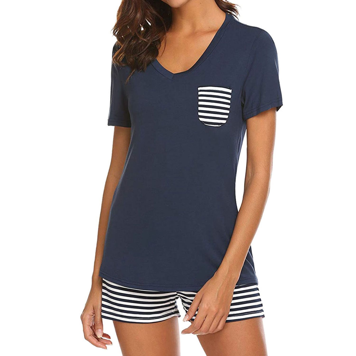 Women's Summer Pajamas Suit, V-Neck Short-Sleeved T-shirt + Striped Shorts (S/M/L/XL)