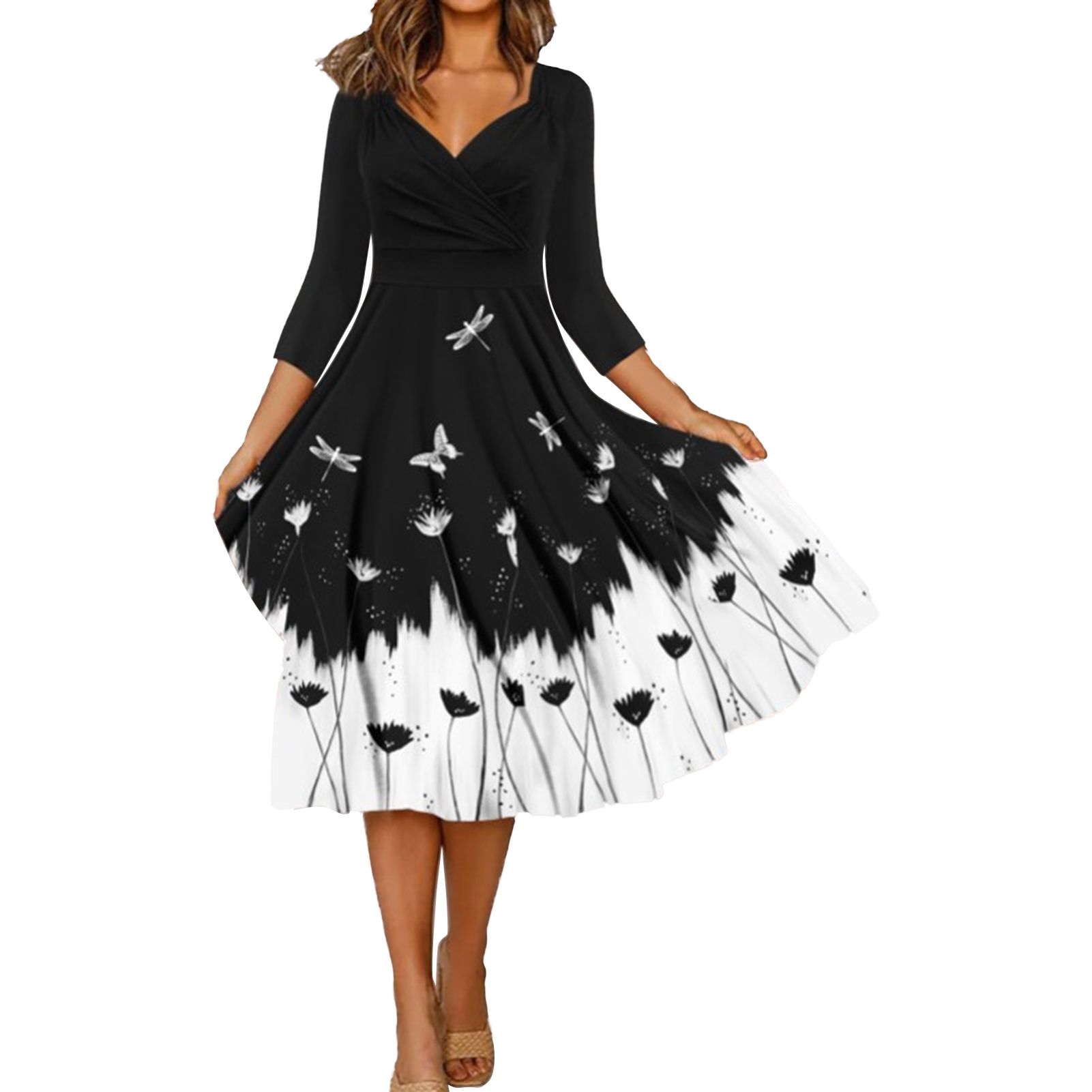Midi Dress Pleated Large Hem Butterflies Floral Print Women Dress