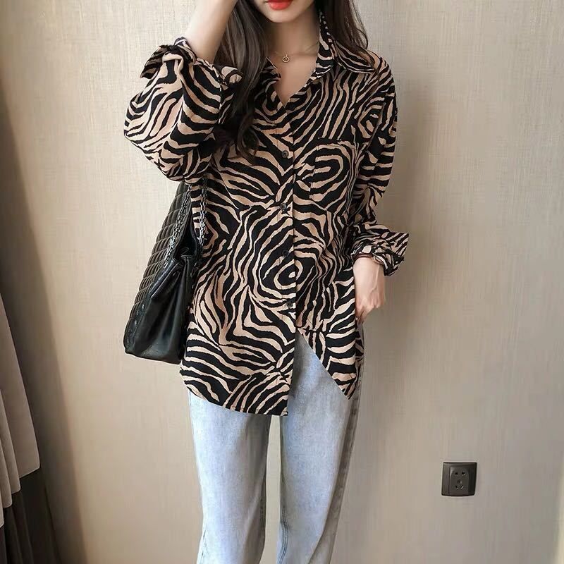 Yfashion Women Spring Retro Long Sleeve Loose Stripes Printing Shirt op Coat