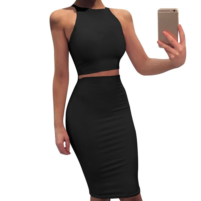 Summer Two Piece set dress Crop Tops sheath set Mini bandage Dress Sleeveless party Vestidos robe femme ete