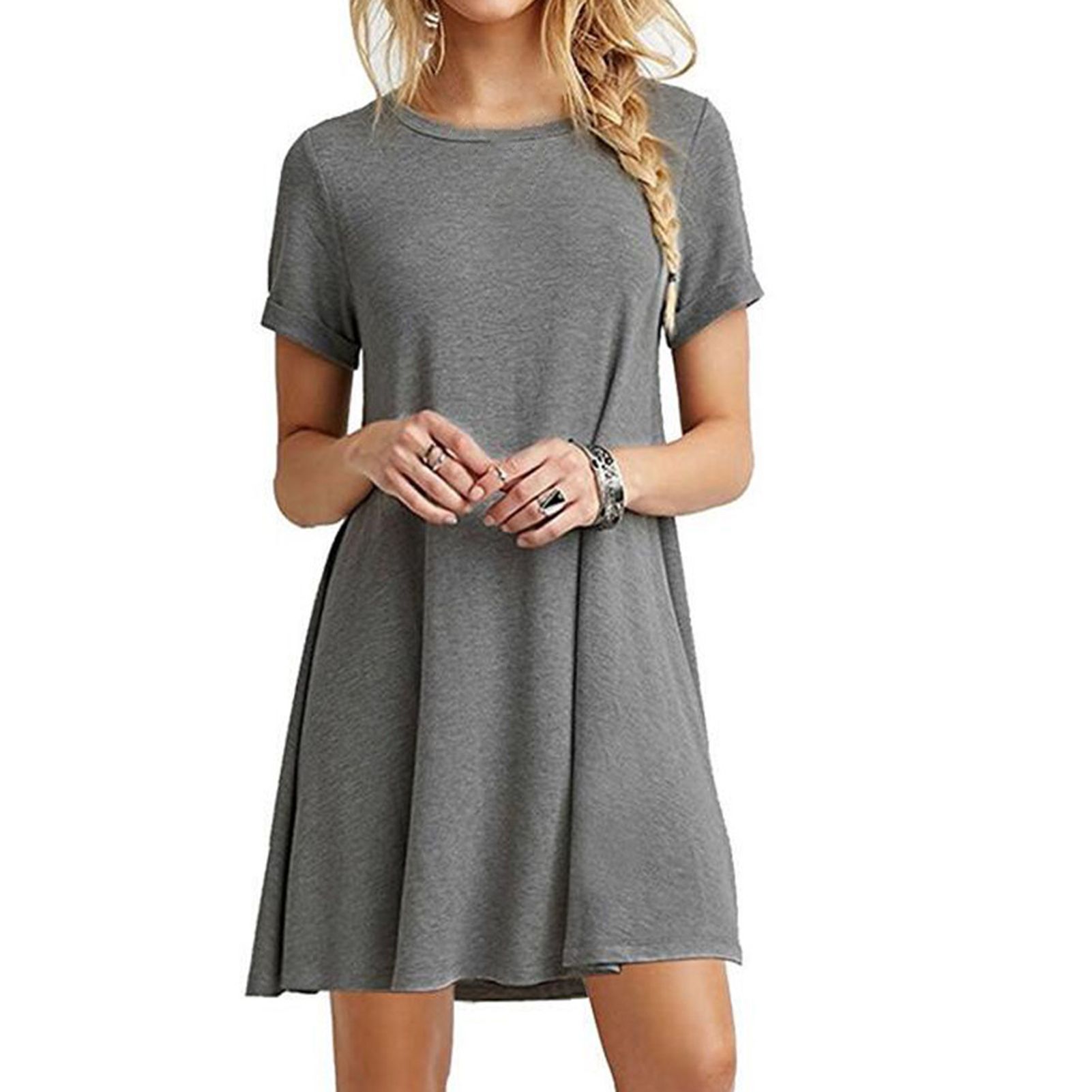 ni Dress Round Neck Solid Color Short Sleeve Lady Dress