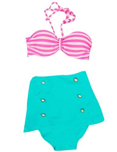 Vintage Bandeau High Waisted Bikini suits wear op + Bottom Stripe (L, Pink)