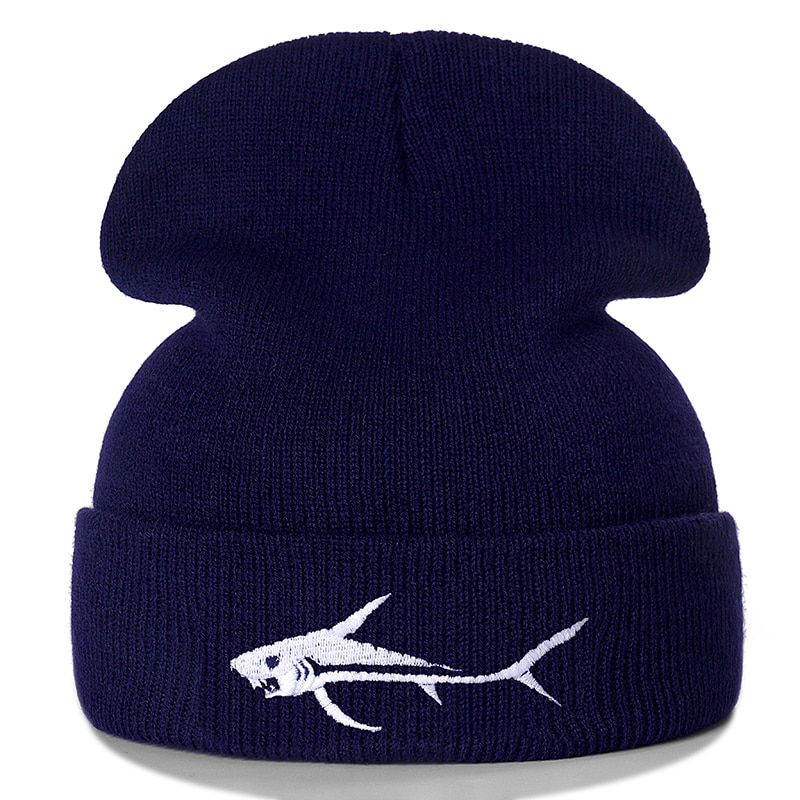 Shark Embroidery Casual Winter Hats For Men Women Warm Knitted Hat Solid Color Hat Unisex Ski Hat