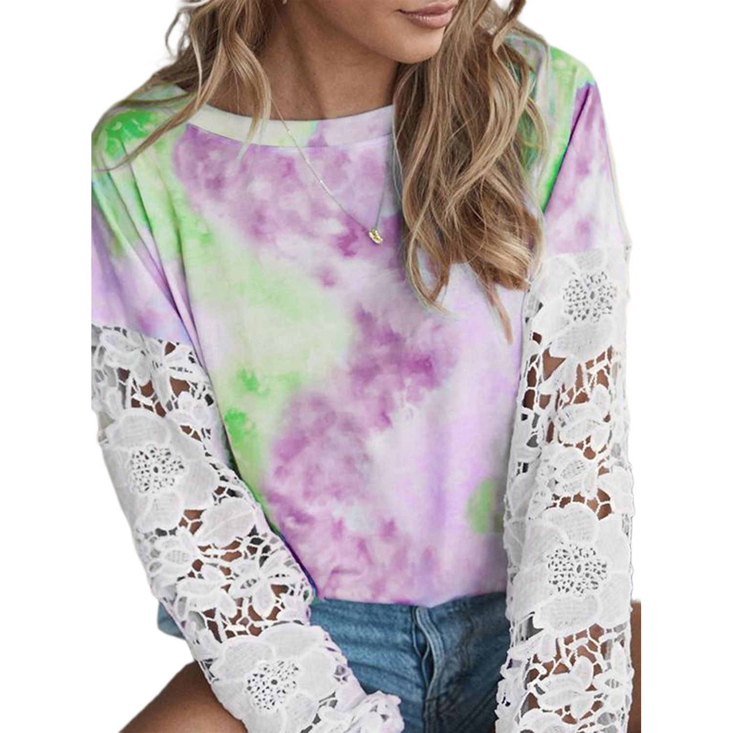New Fashionable Ladies Round Collar T-shirt, Girls Summer Autumn Creative Random Dyeing Splicing Long Sl