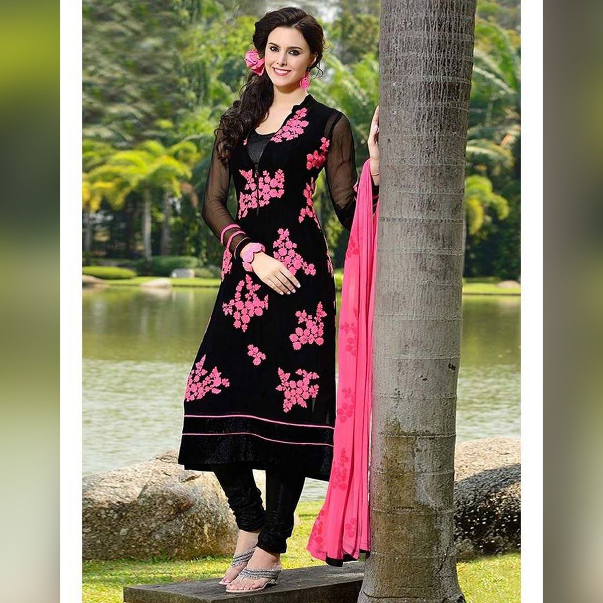 Black and Pink Cotton Unstitched Salwar Kameez for Women