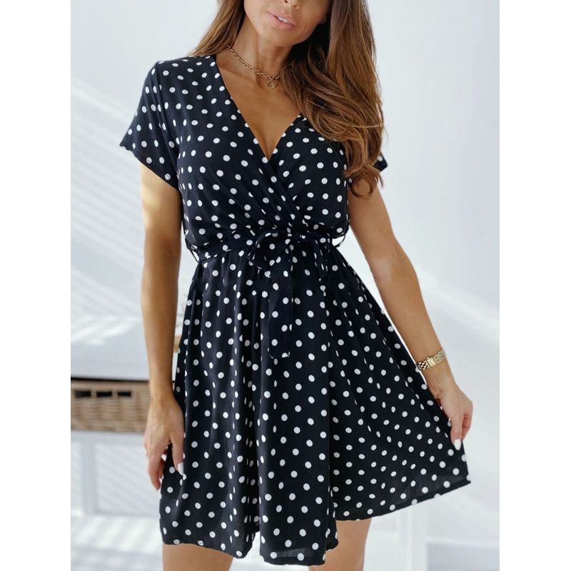Short Sleeve Polka Dot Summer Dress Women V Neck Sexy Split A-Line Mini Party Dress Vestidos Casual Bohemian Beach Short Dress