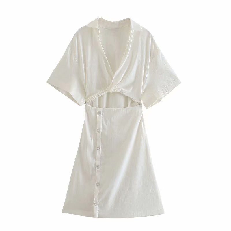 Vintage Za Dress Women White Short Sleeve Cut Out Summer Dress Chic Side Zip False Button Up Woman Fit Mini Party Dresses