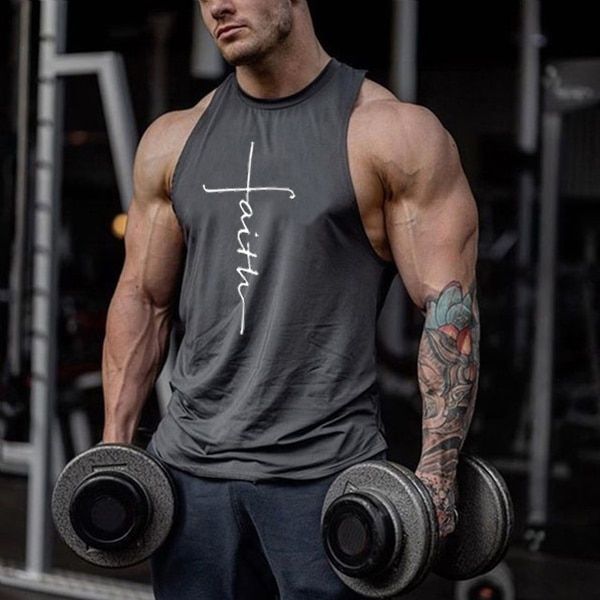 Mens TaTop Autumn  Sleeveless Letter Faith Print Vest Gym Clothing Fitness Bodybuilding Muscle Vest Pullover Top