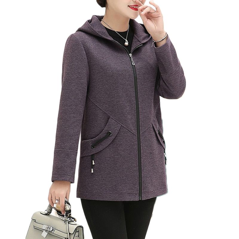Middle-aged women Windbreaker Autumn New Long Casual Trench coats Gray Women's Hooded Plus size Cardigan Overcome F22