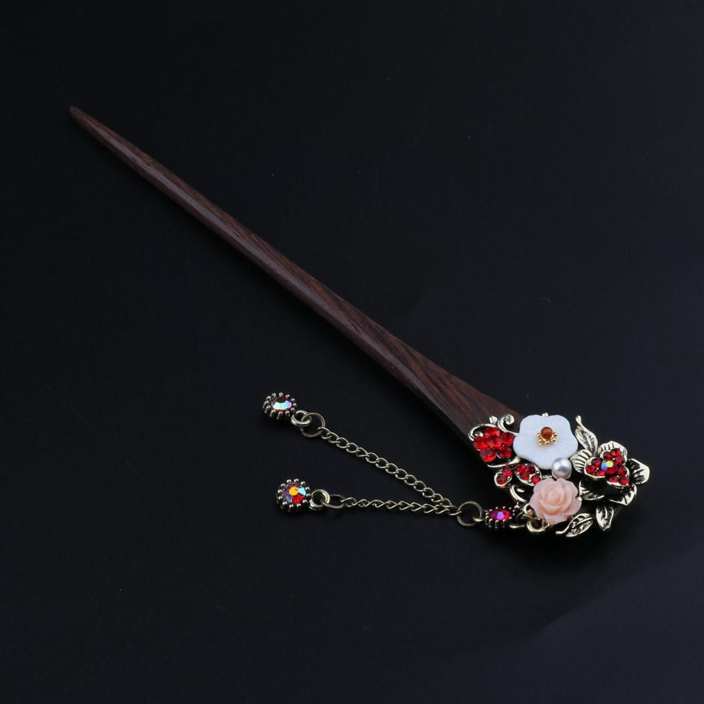【BestGO】Women Vintage Wooden Hair Stick Pin HandmaCrystal  Flower Wood  Tassel Chignon Pin
