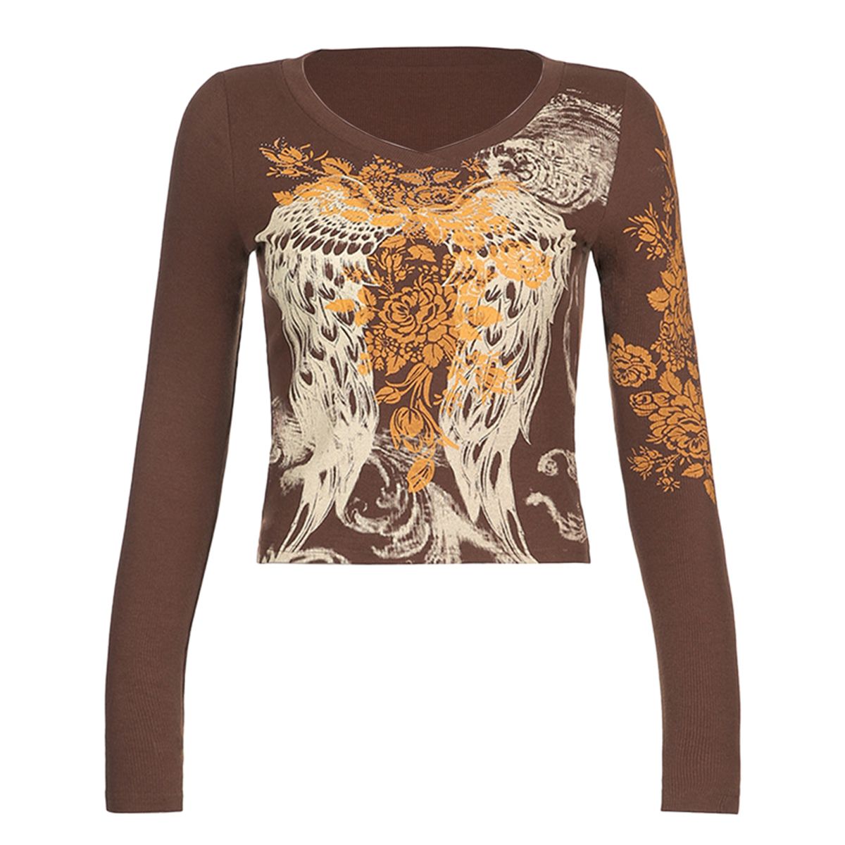 Women’s Casual Long Sleeve T-shirt Vintage Feather Wing Flower Printed Round Neck Tops