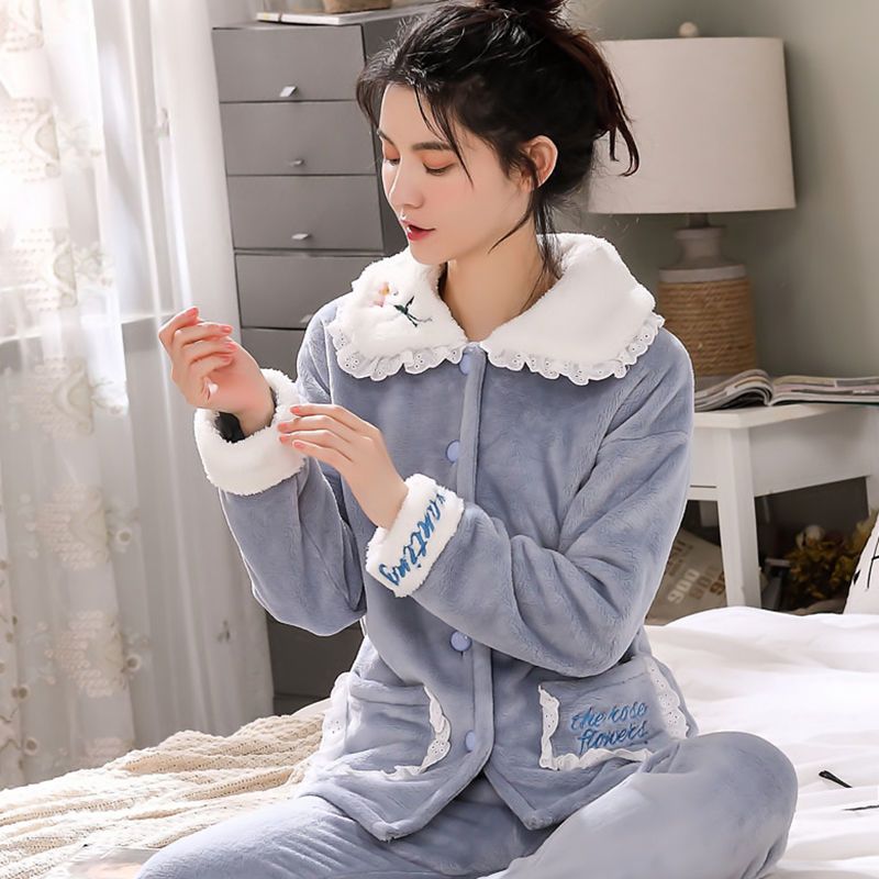 Women's Lace Pajamas y Sleepwear Set Women Embroidery Pajama Set Long Shirt Pant  Warm Flannel Winter  Homewear Big Size