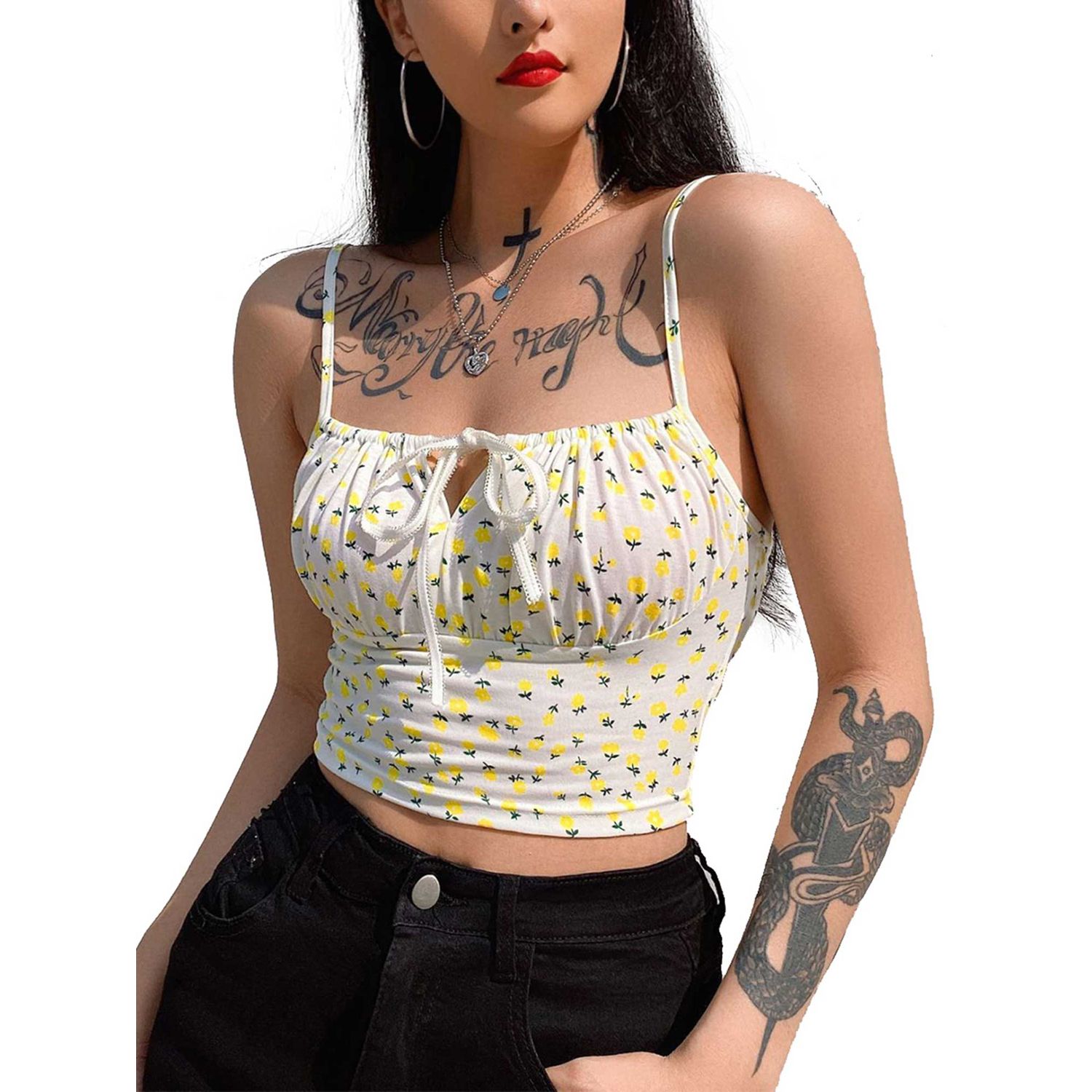 New Women Crop Top, Floral Printed Backless Sleeveless Strappy Tank Top, Spaghetti Strap Casual Wear, Ye