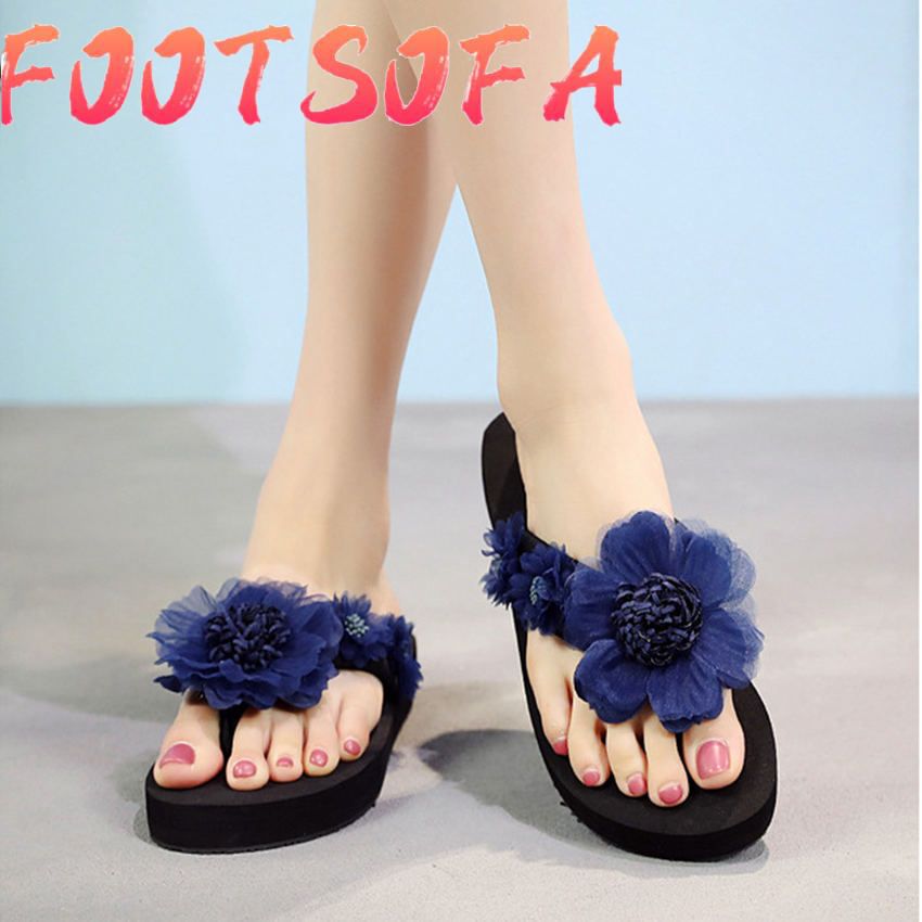Summer handmade flower explosion ladies flip-flops thick bottom non-slip beach shoes sandals and slippers