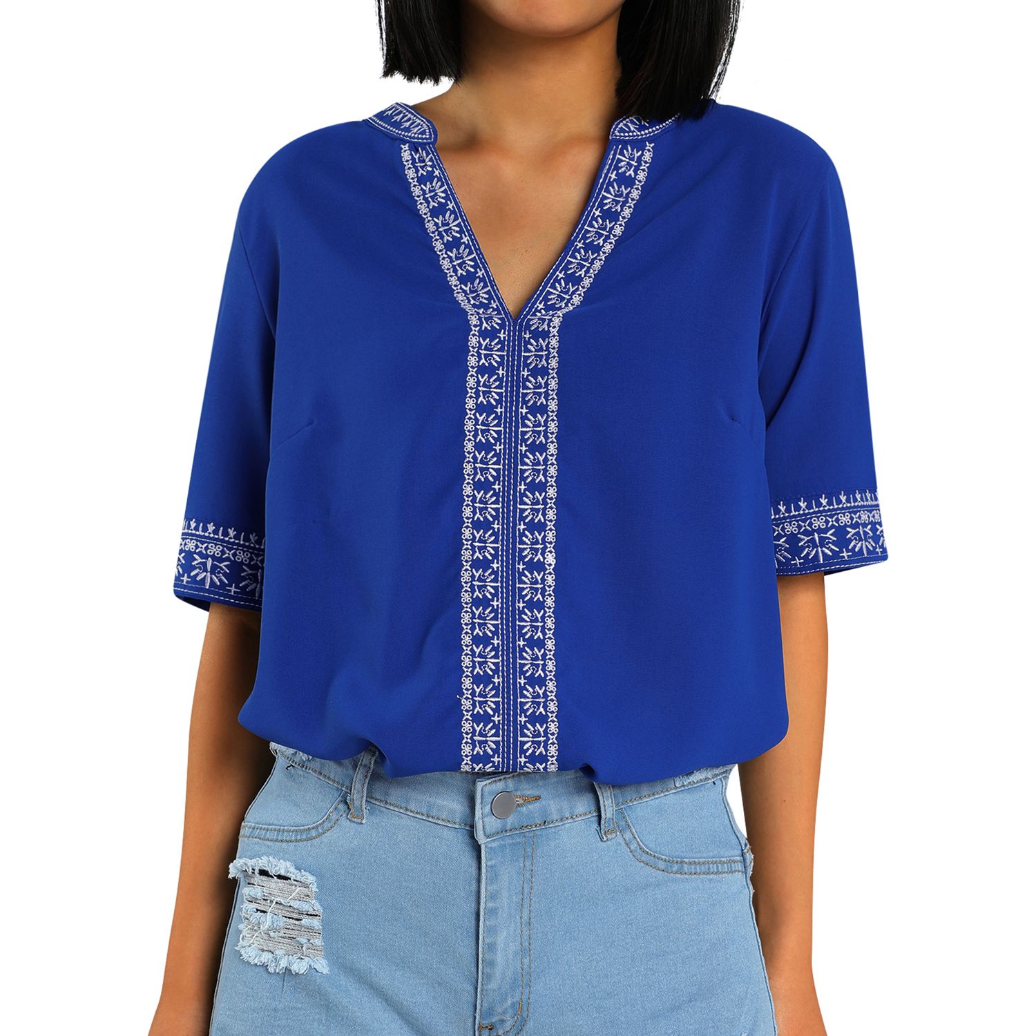 Women Summer Jumper, Ethnic Embroidery Stitching V-Neck Half Sleeves Casual Blouse for Girls, 4 Colo