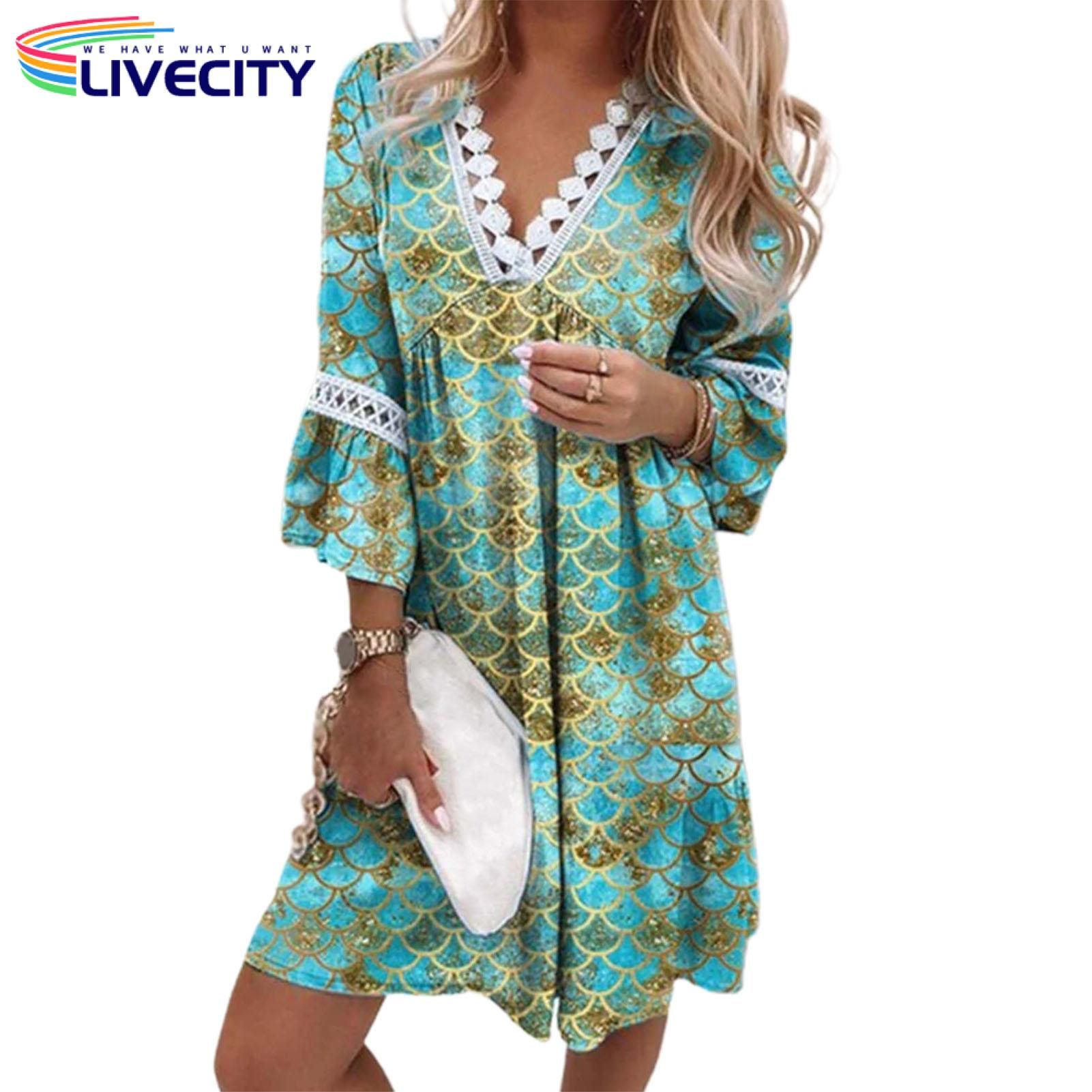 ni Dress Loose Ethnic Style Floral Print 3/4 Flared Sleeve Women Dress
